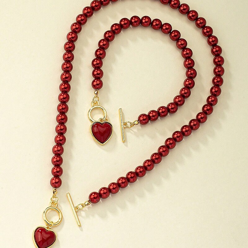SET OF 2 RED PEARL HEART JEWELRY PIECES