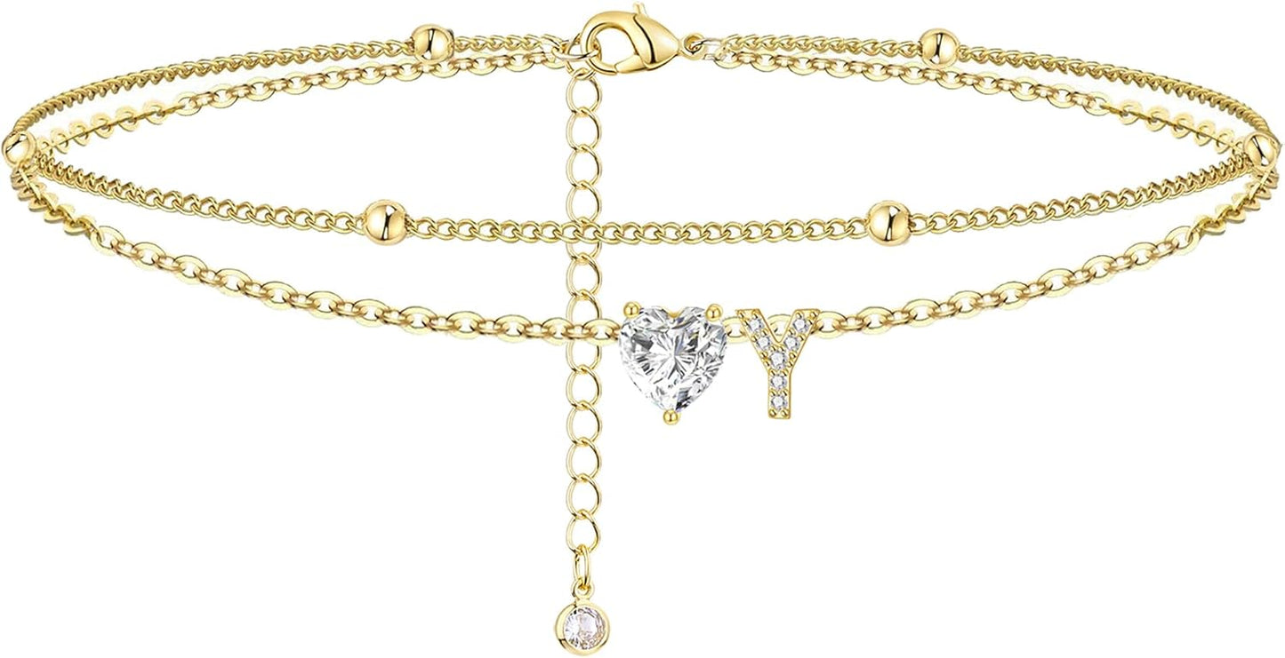 Initial Anklet with Gold Heart Charm