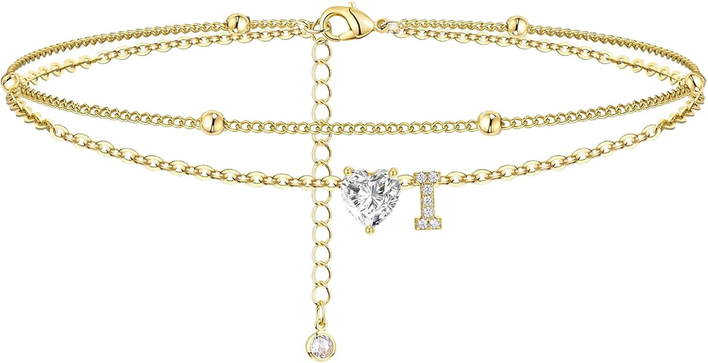 Initial Anklet with Gold Heart Charm