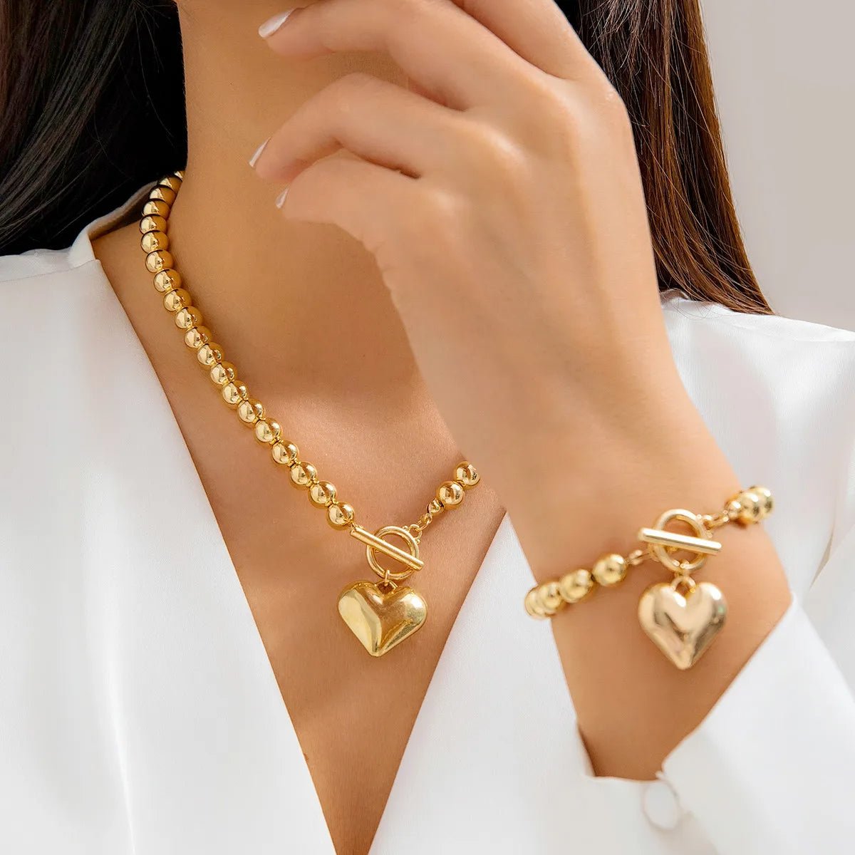 Heart-Shaped Beaded Pendant Bracelet and Necklace Duo