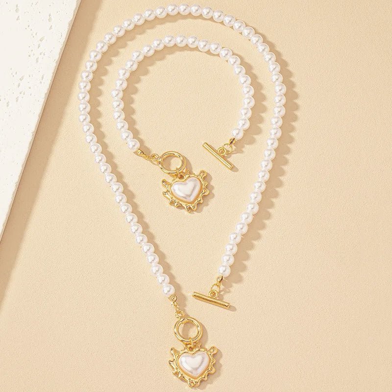Heart-Shaped Beaded Pendant Bracelet and Necklace Duo