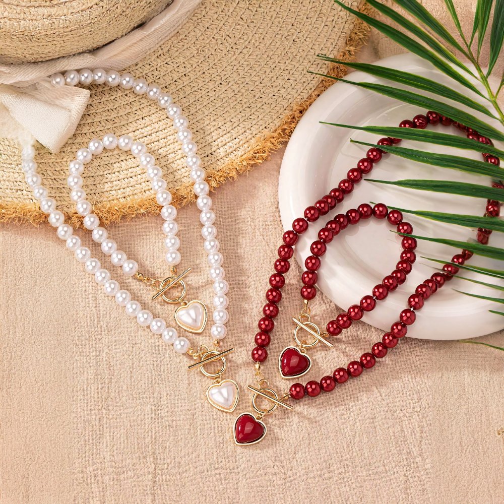 Heart-Shaped Beaded Pendant Bracelet and Necklace Duo