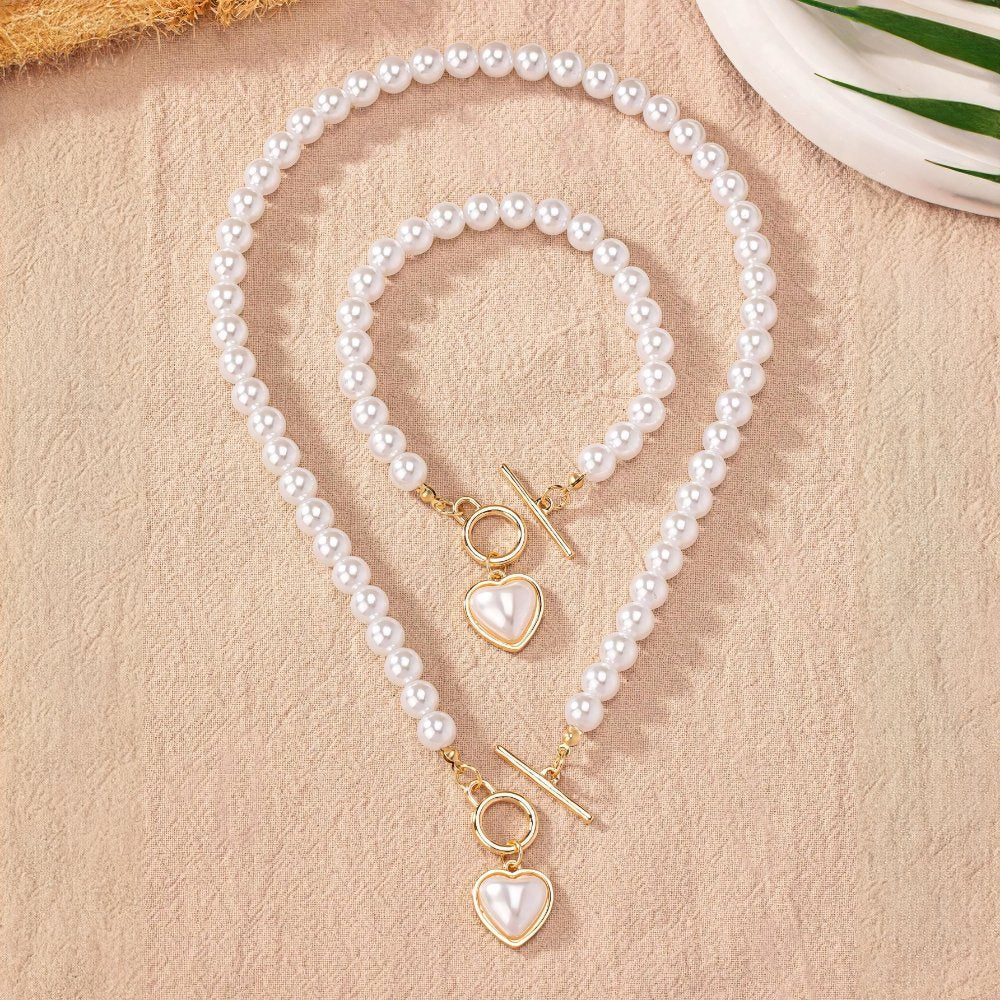 Heart-Shaped Beaded Pendant Bracelet and Necklace Duo