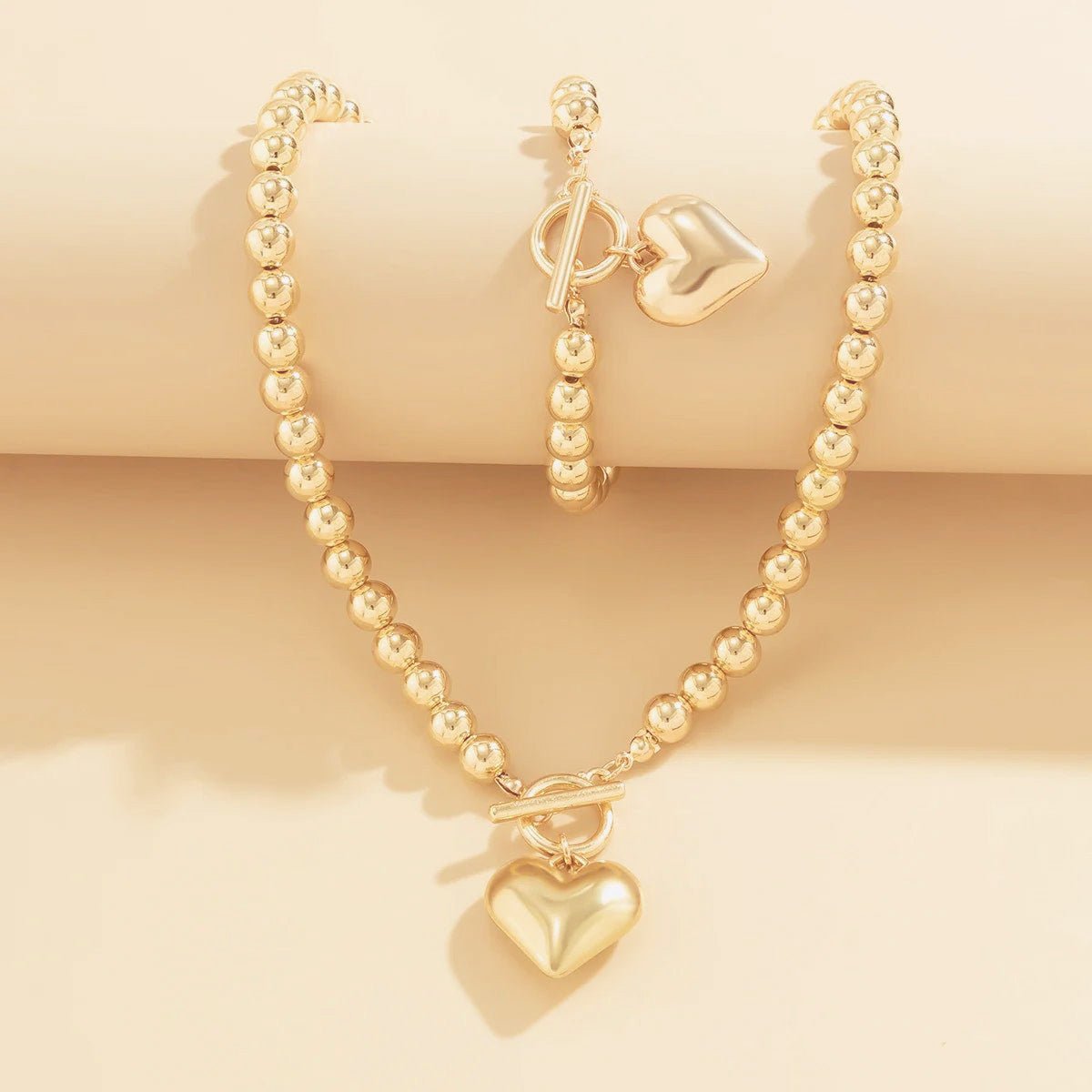 Heart-Shaped Beaded Pendant Bracelet and Necklace Duo