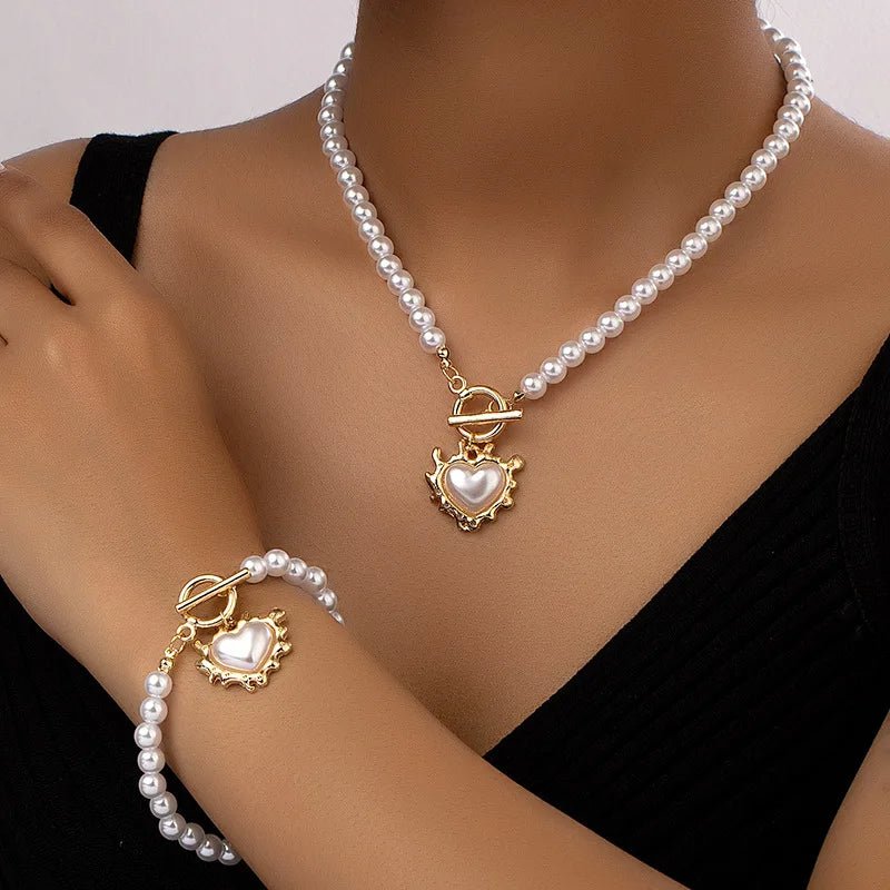 Heart-Shaped Beaded Pendant Bracelet and Necklace Duo
