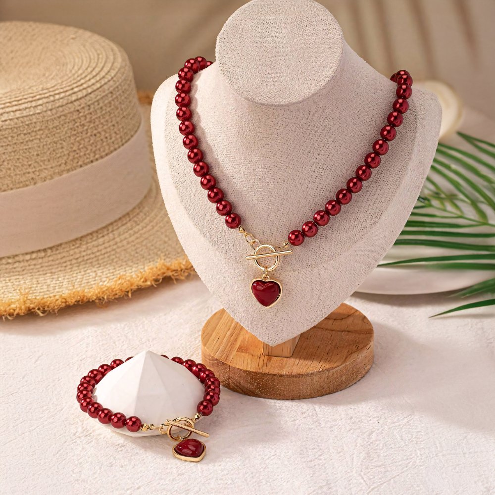 Heart-Shaped Beaded Pendant Bracelet and Necklace Duo