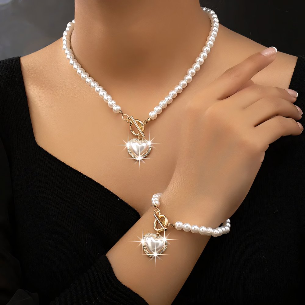 Heart-Shaped Beaded Pendant Bracelet and Necklace Duo