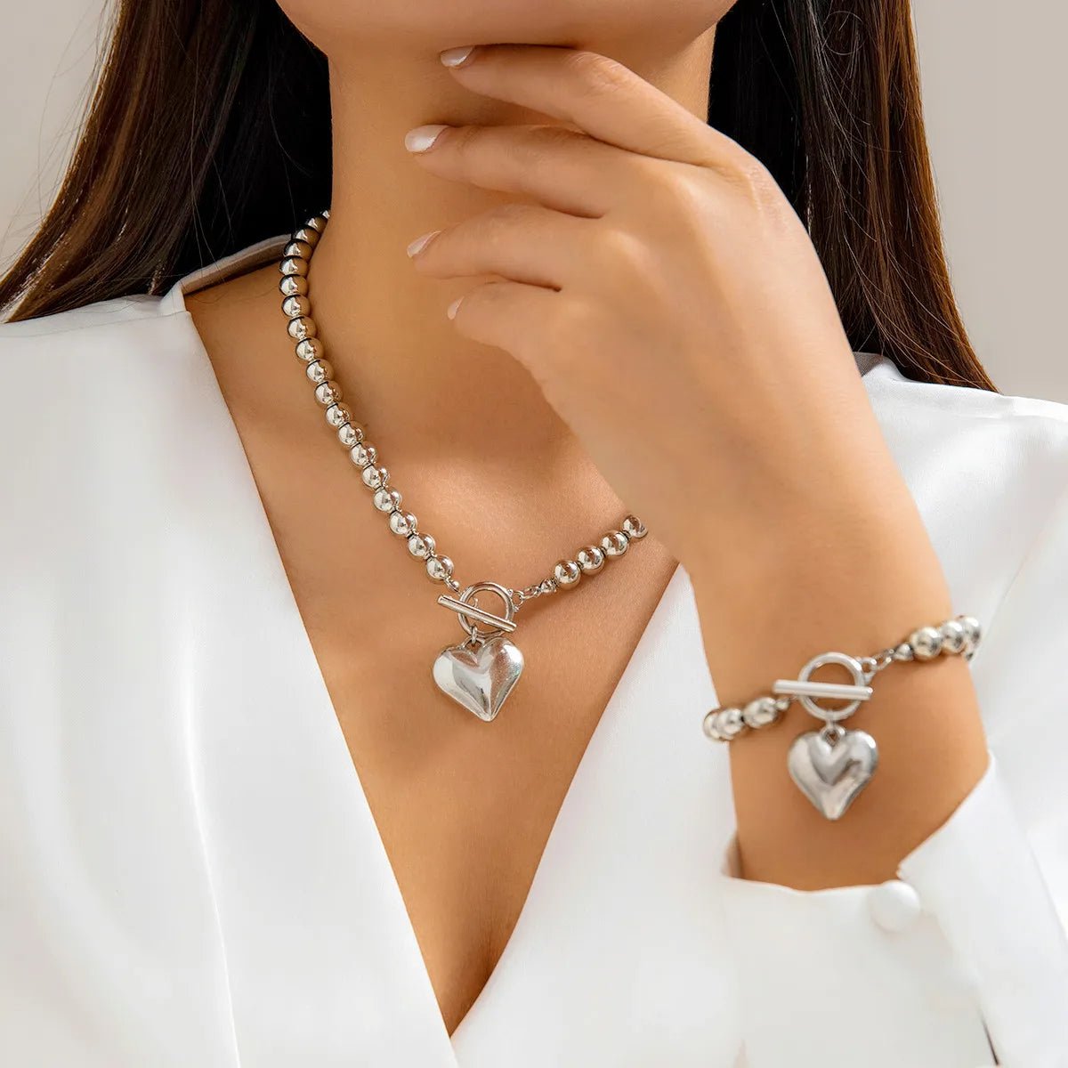 Heart-Shaped Beaded Pendant Bracelet and Necklace Duo