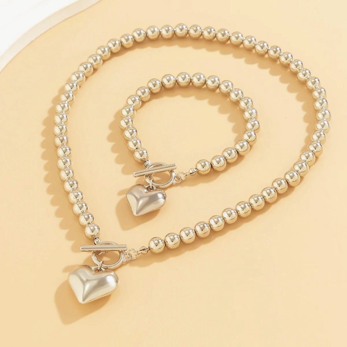 Heart-Shaped Beaded Pendant Bracelet and Necklace Duo