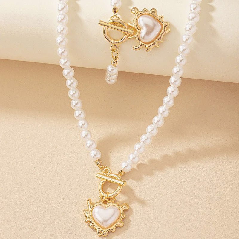 Heart-Shaped Beaded Pendant Bracelet and Necklace Duo