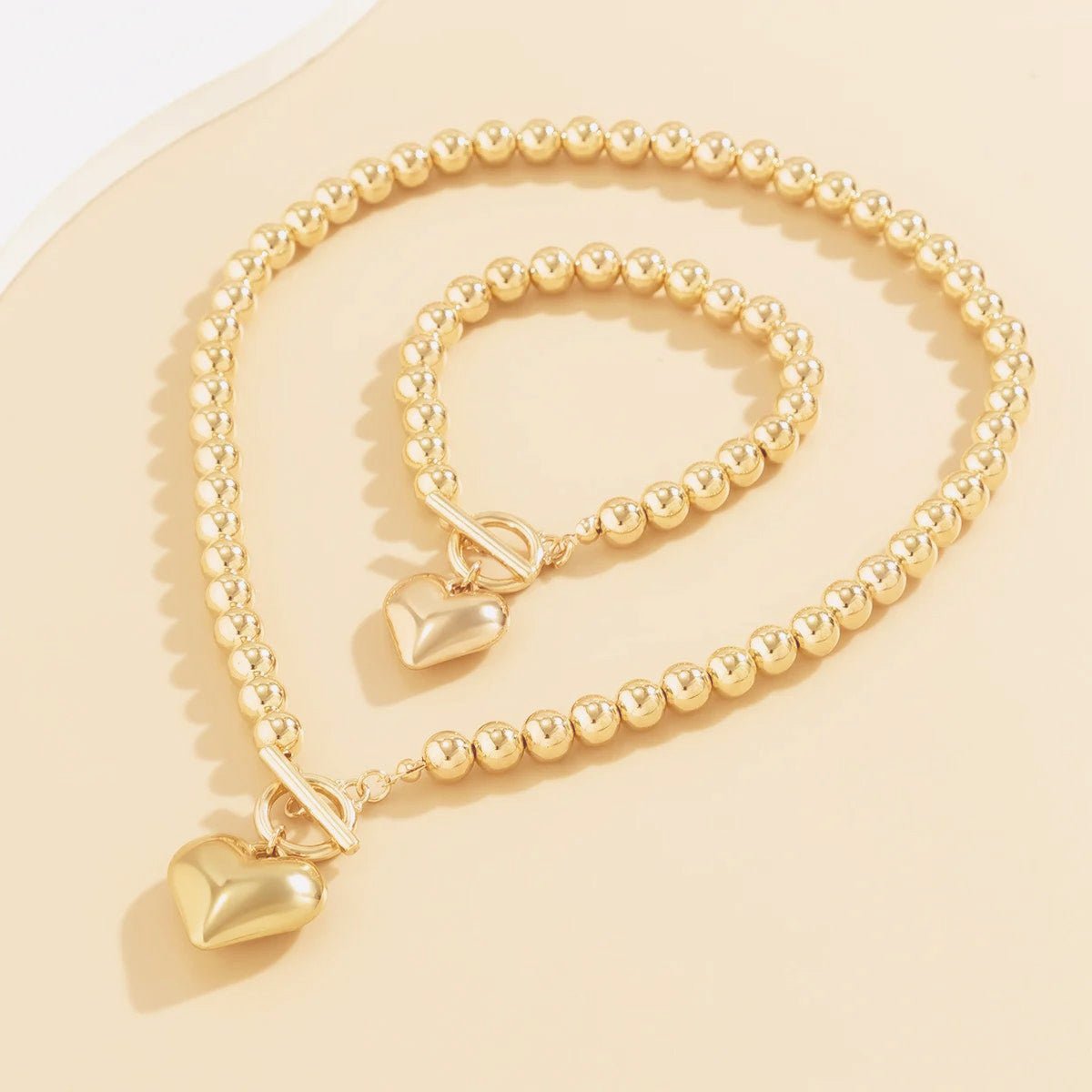 Heart-Shaped Beaded Pendant Bracelet and Necklace Duo