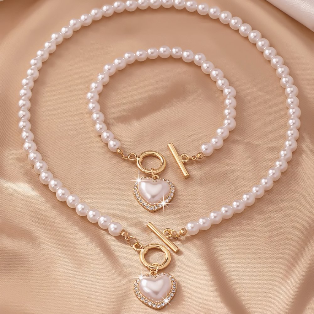 Heart-Shaped Beaded Pendant Bracelet and Necklace Duo
