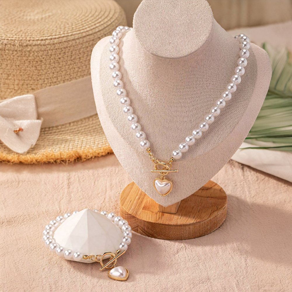 Heart-Shaped Beaded Pendant Bracelet and Necklace Duo