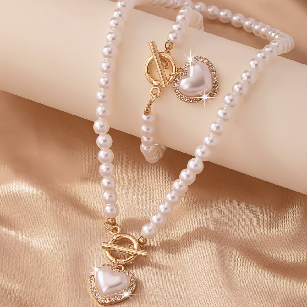 Heart-Shaped Beaded Pendant Bracelet and Necklace Duo