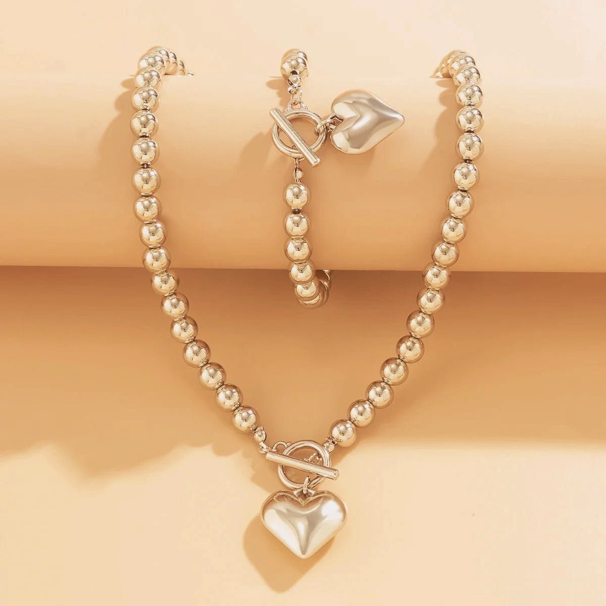 Heart-Shaped Beaded Pendant Bracelet and Necklace Duo