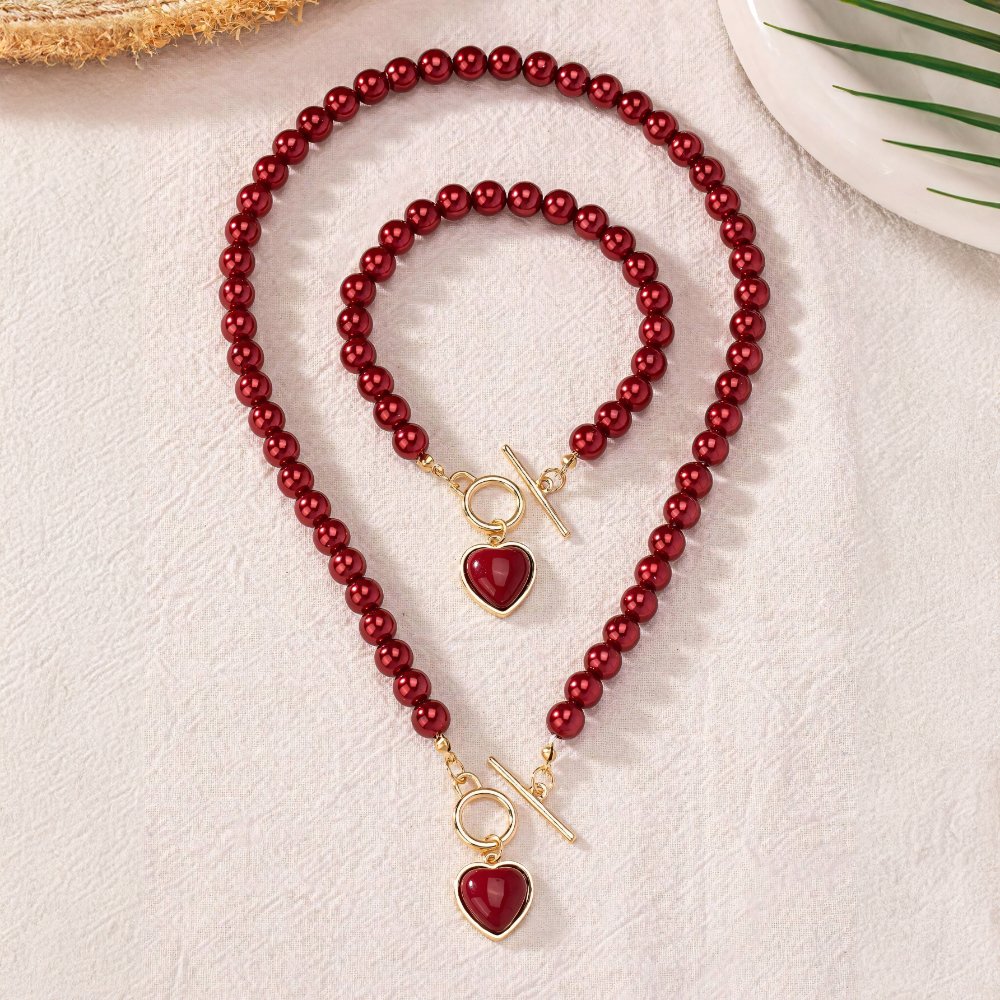 Heart-Shaped Beaded Pendant Bracelet and Necklace Duo