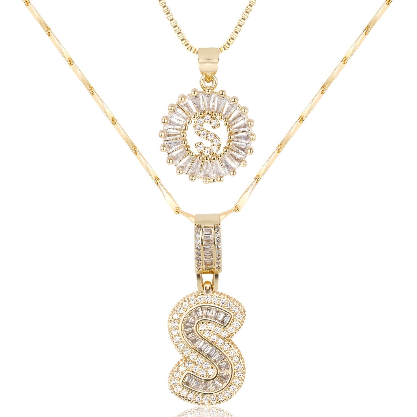 Set of 2 - 14k Gold Initial Necklaces with Diamonds