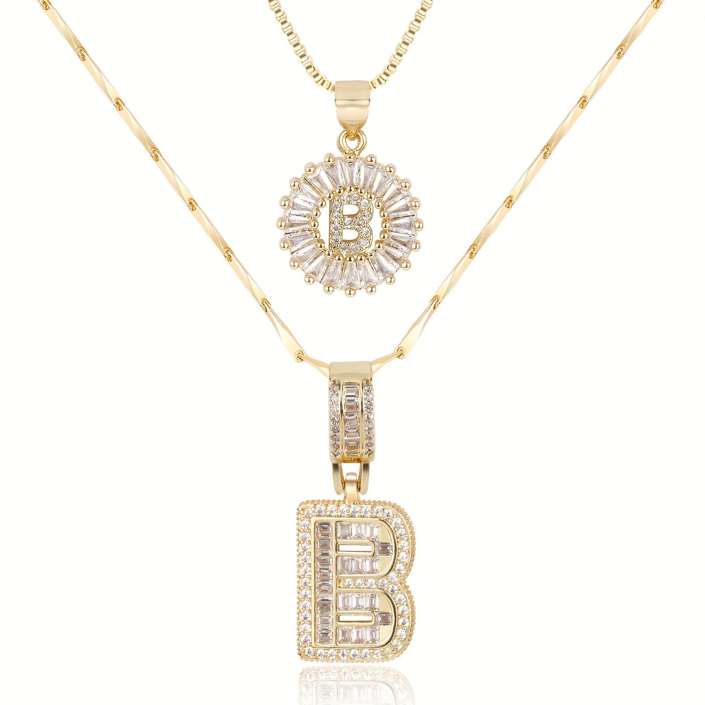 Set of 2 - 14k Gold Initial Necklaces with Diamonds