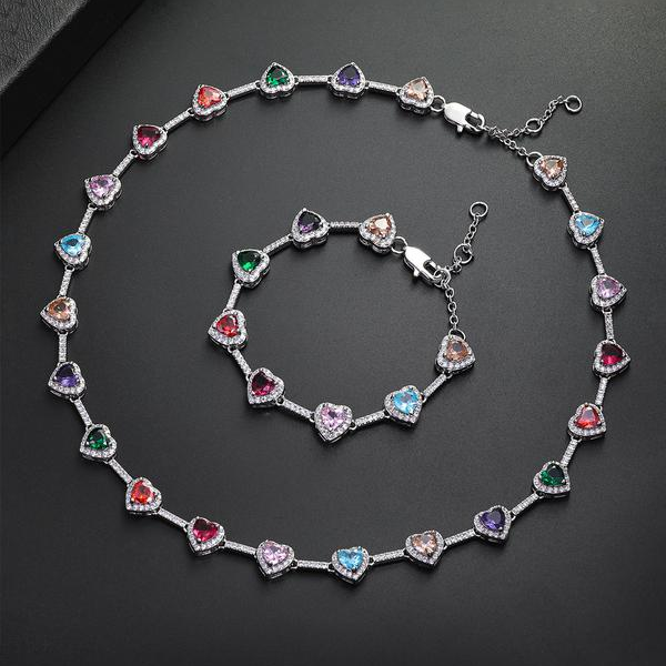 Colorful Heart-Shaped Necklace and Bracelet Set - 2 Pieces