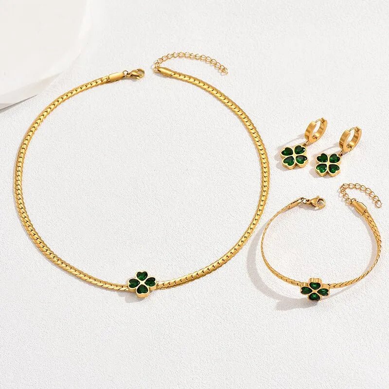 Emerald Four-Leaf Clover Jewelry Set: Necklace, Bracelet, and Earrings
