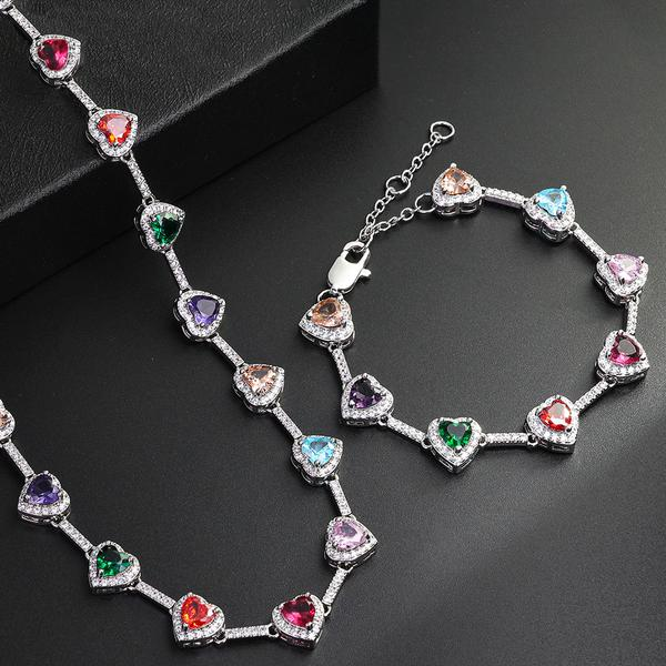 Colorful Heart-Shaped Necklace and Bracelet Set - 2 Pieces
