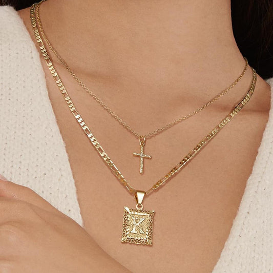 Set of 2: 14k Initial and Cross Necklaces