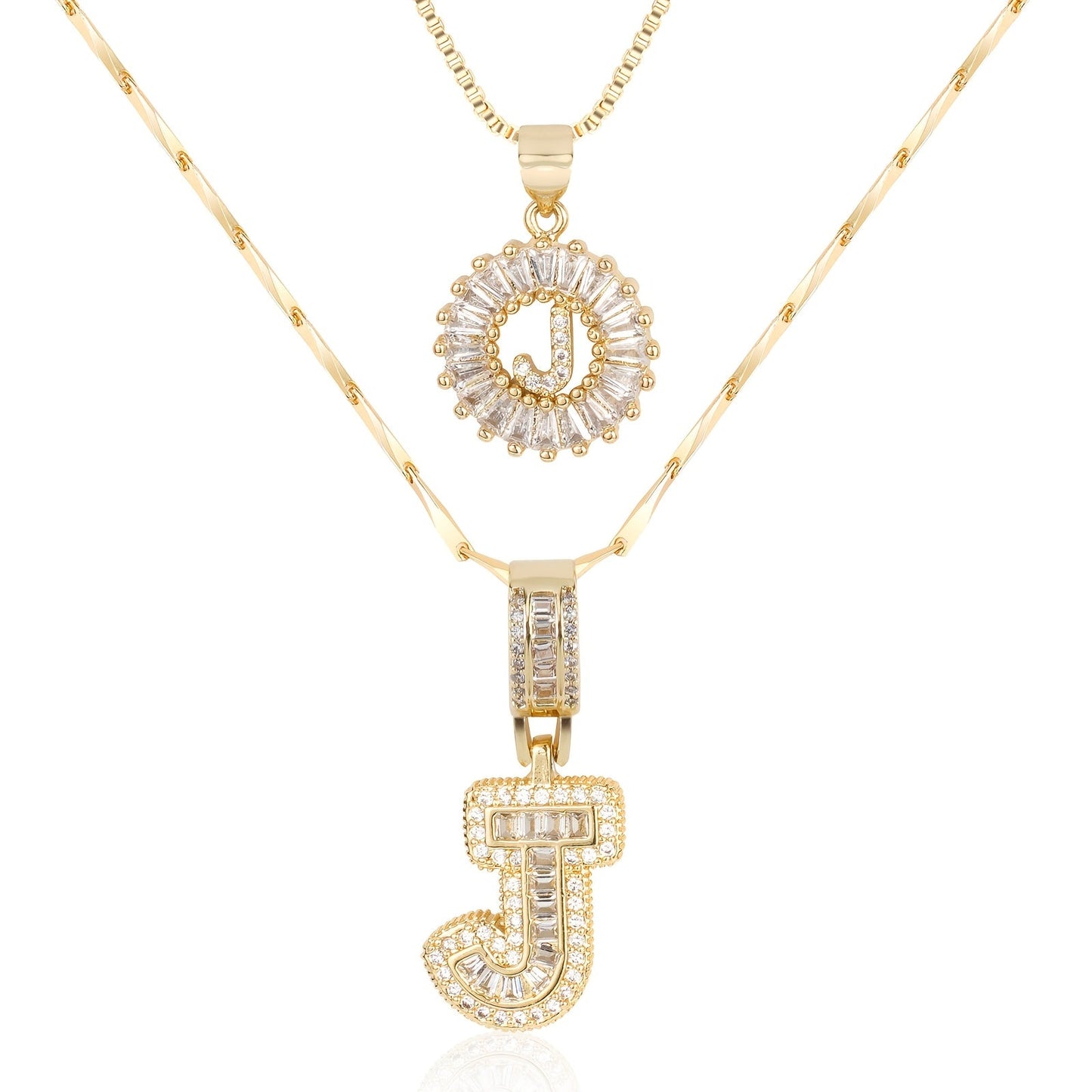 Set of 2 - 14k Gold Initial Necklaces with Diamonds