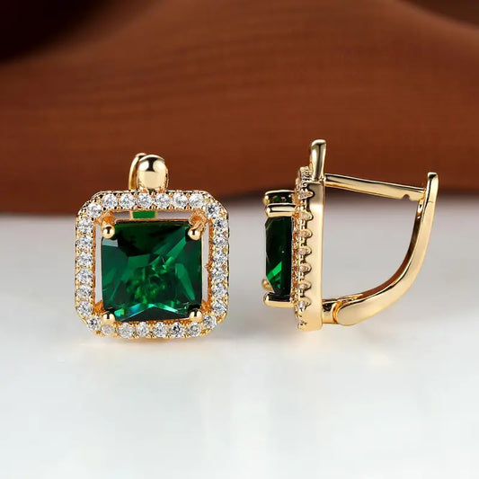 Gold Square Green Earrings