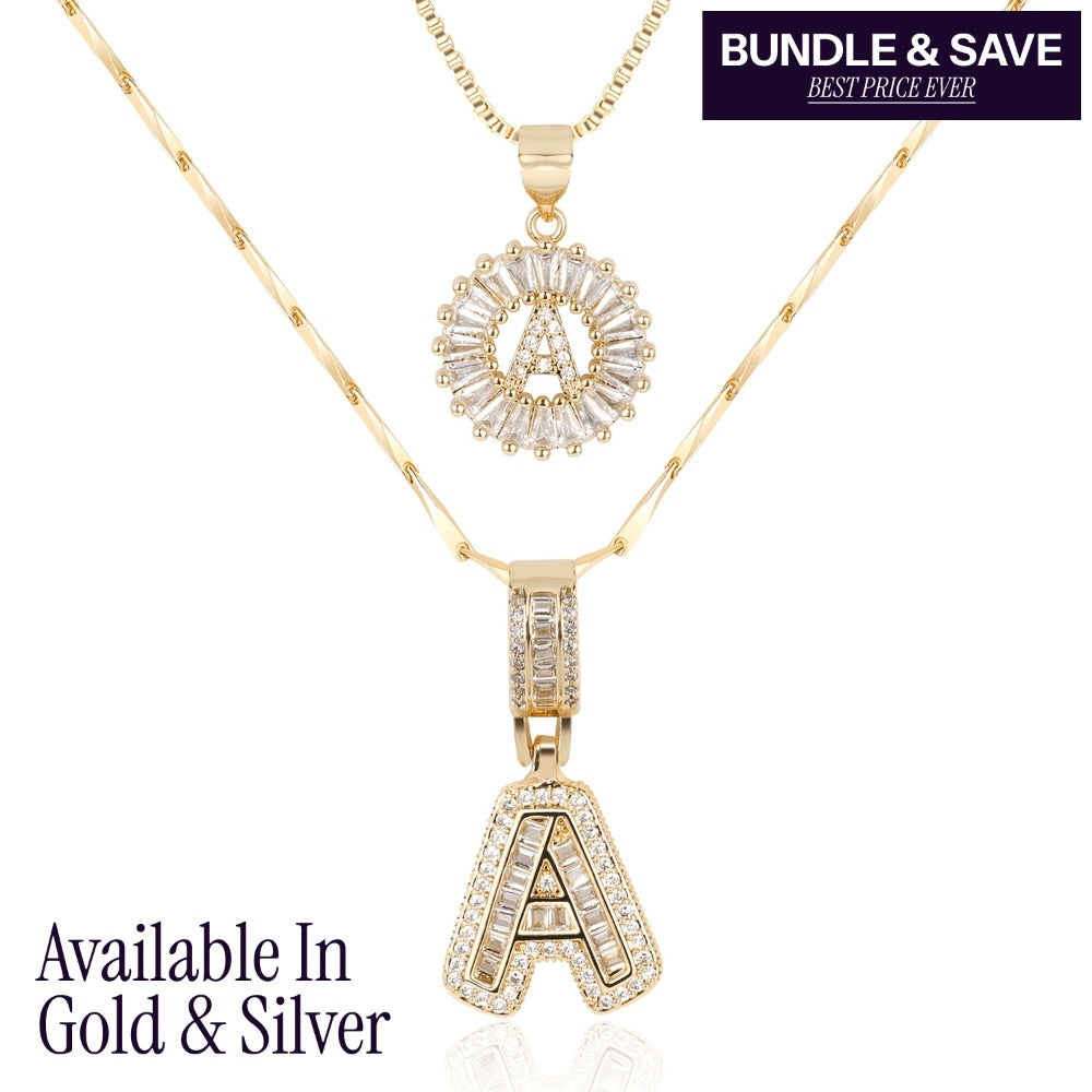 Set of 2 - 14k Gold Initial Necklaces with Diamonds