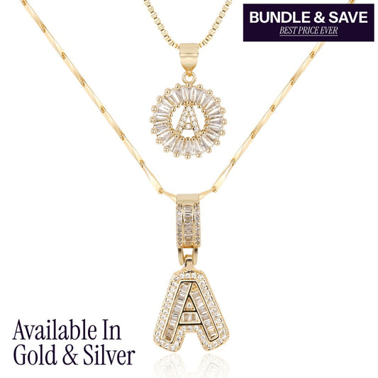 Set of 2 - 14k Gold Initial Necklaces with Diamonds