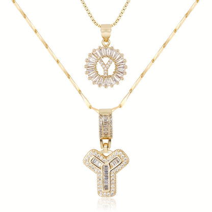 Set of 2 - 14k Gold Initial Necklaces with Diamonds