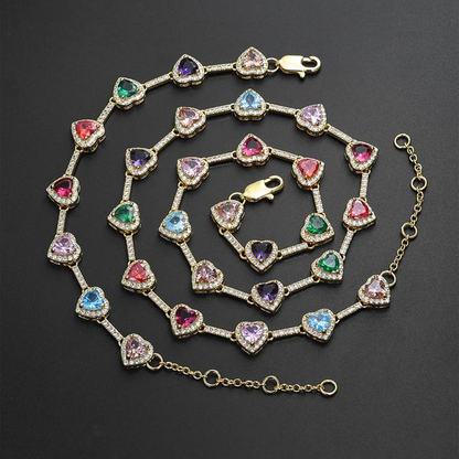 Colorful Heart-Shaped Necklace and Bracelet Set - 2 Pieces