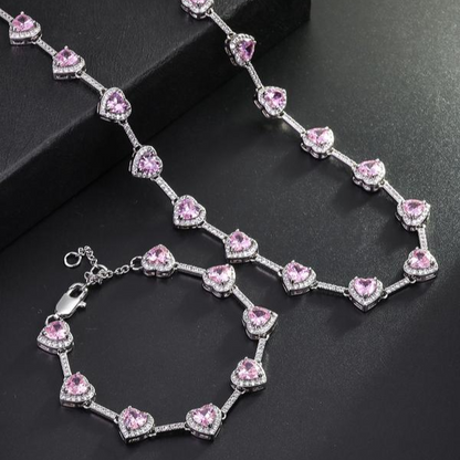 Pink Heart Shaped Necklace and Bracelet Set