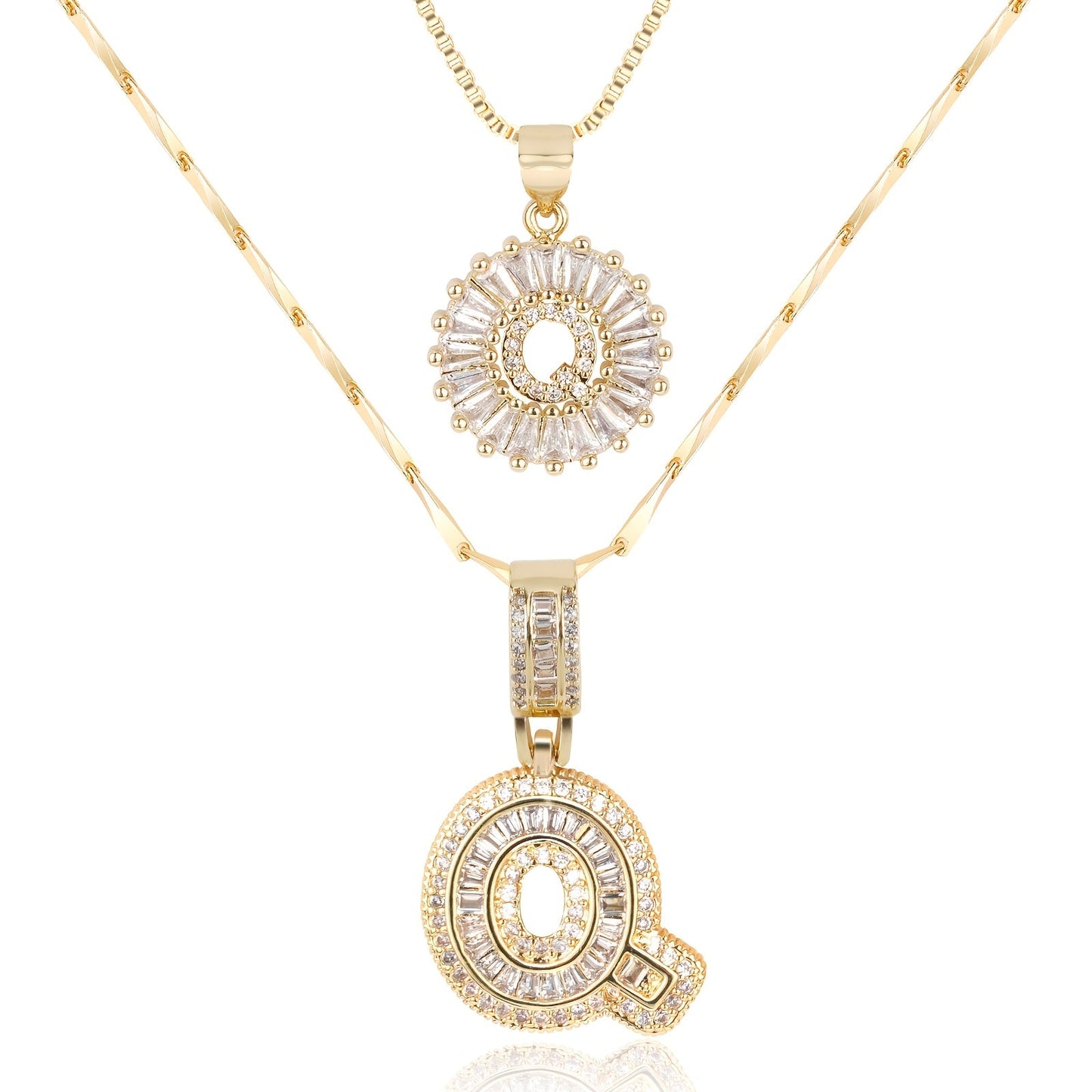 Set of 2 - 14k Gold Initial Necklaces with Diamonds
