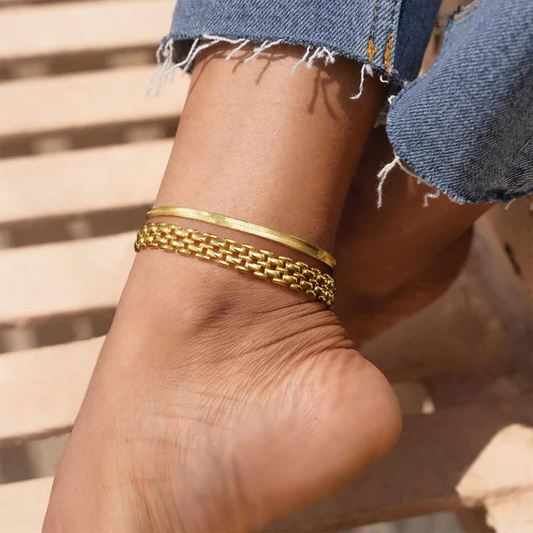 Set of 2 Chunky 14k Gold Link Anklets