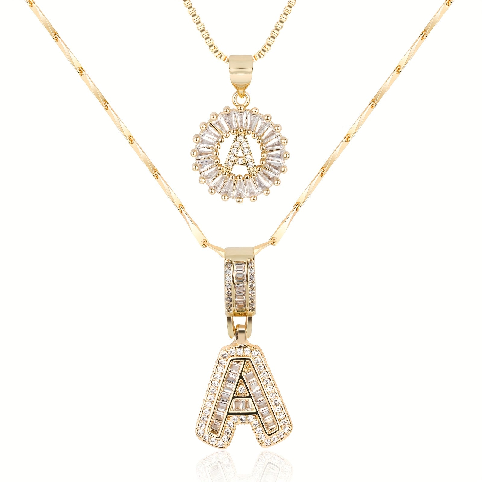 Set of 2 - 14k Gold Initial Necklaces with Diamonds