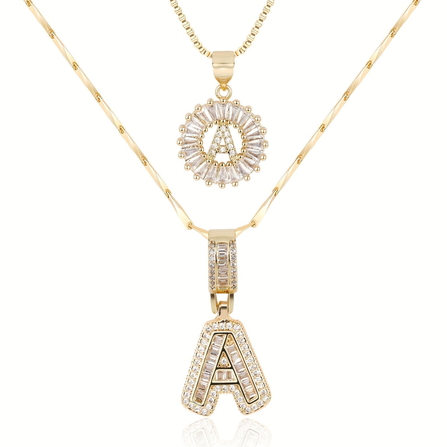 Set of 2 - 14k Gold Initial Necklaces with Diamonds