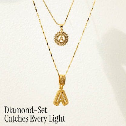 Set of 2 - 14k Gold Initial Necklaces with Diamonds
