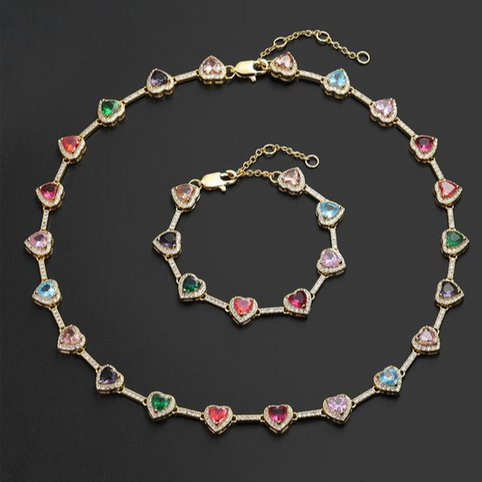 Colorful Heart-Shaped Necklace and Bracelet Set - 2 Pieces