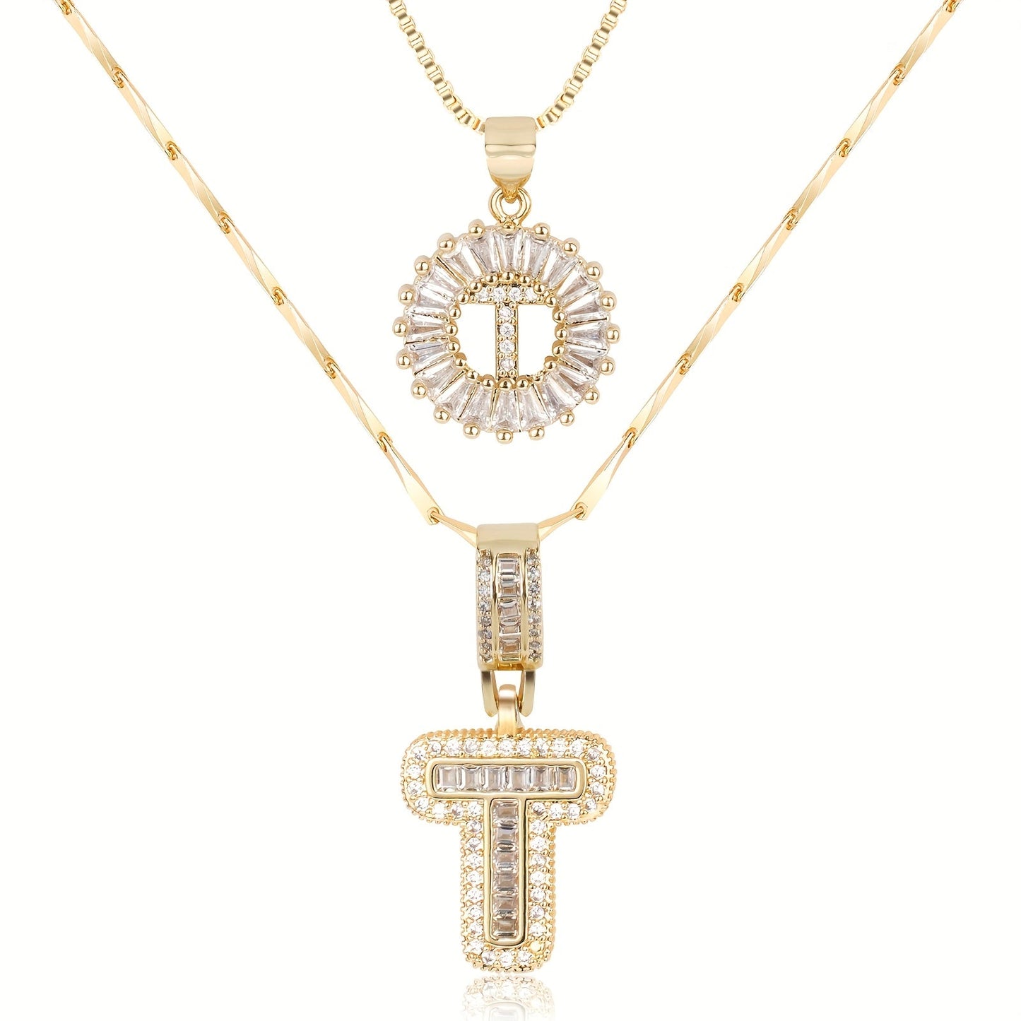 Set of 2 - 14k Gold Initial Necklaces with Diamonds