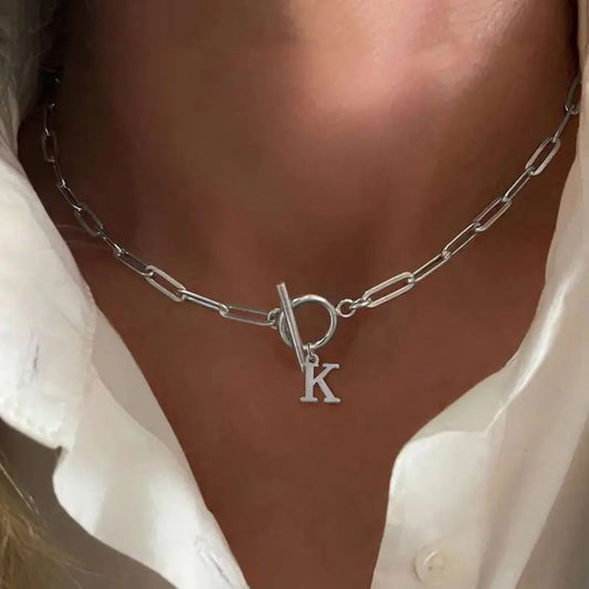 Circle Lock Clasp Necklace with Paperclip Letter Initial
