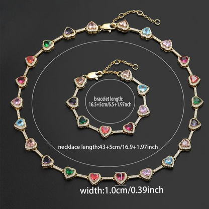 Colorful Heart-Shaped Necklace and Bracelet Set - 2 Pieces