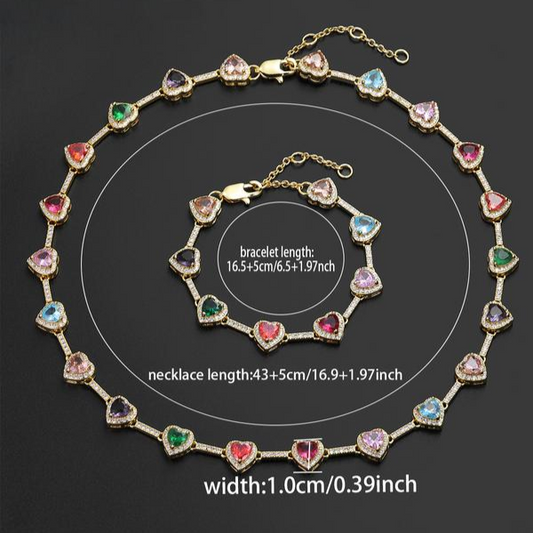 Colorful Heart-Shaped Necklace and Bracelet Set - 2 Pieces