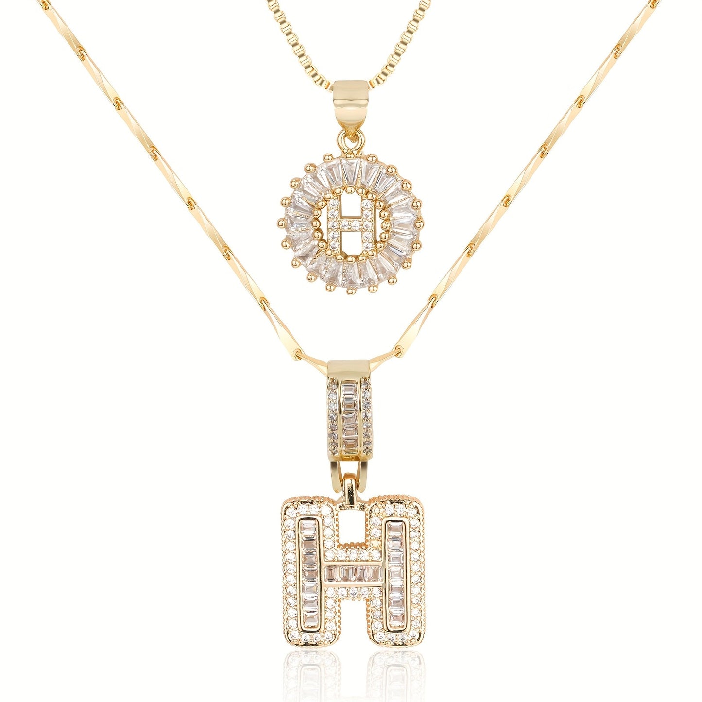 Set of 2 - 14k Gold Initial Necklaces with Diamonds