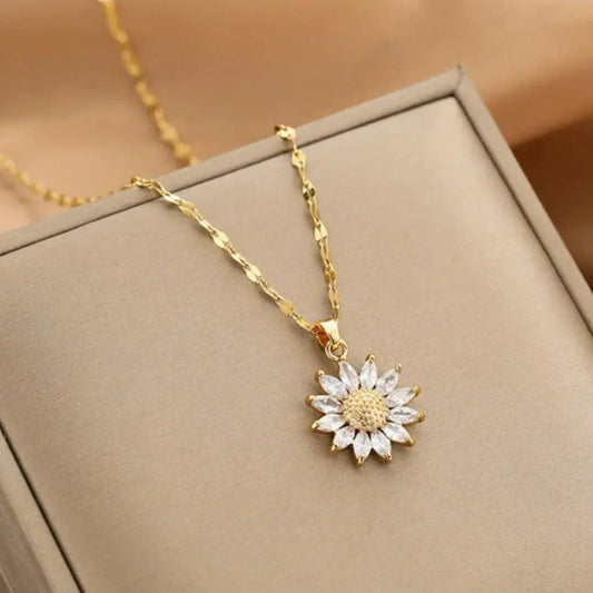Gold Sunflower Necklace with Crystal Accents