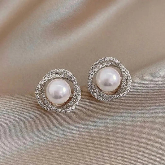 Elegant Pearl-Embellished Shiny Spiral Earrings