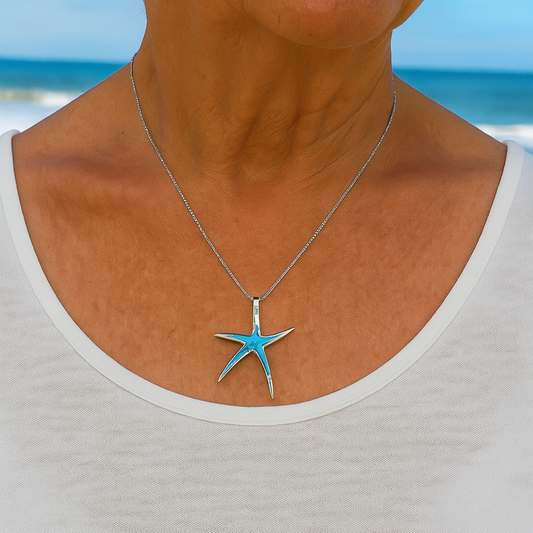 Silver Starfish Necklace with Blue Opal Accents