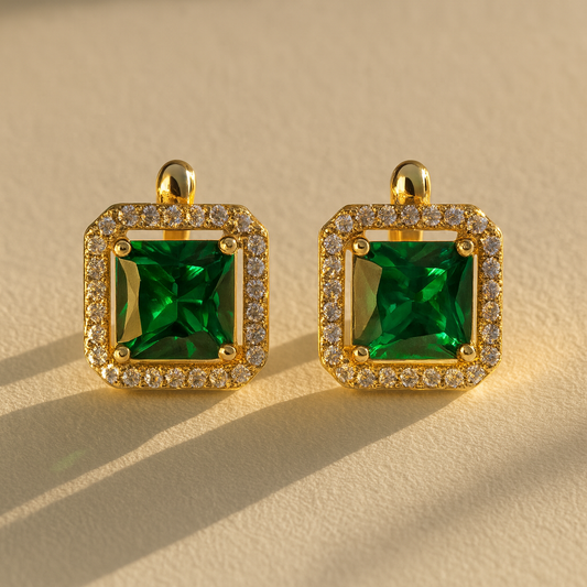 Gold Square Green Earrings