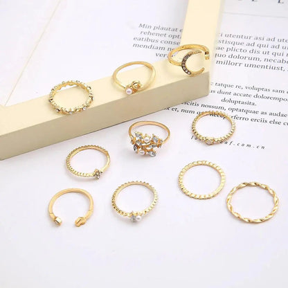 Set of 10 Bohemian Silver and Gold-Plated Rings