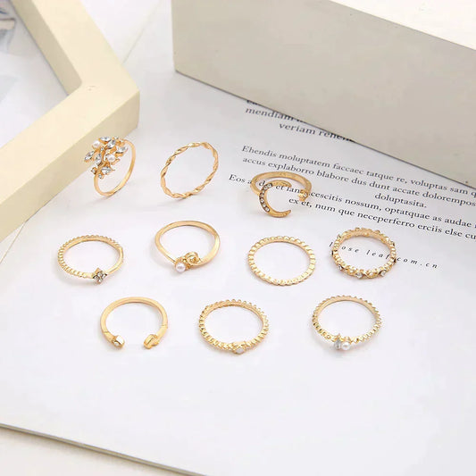 10-Piece Boho Ring Collection in Silver and Gold